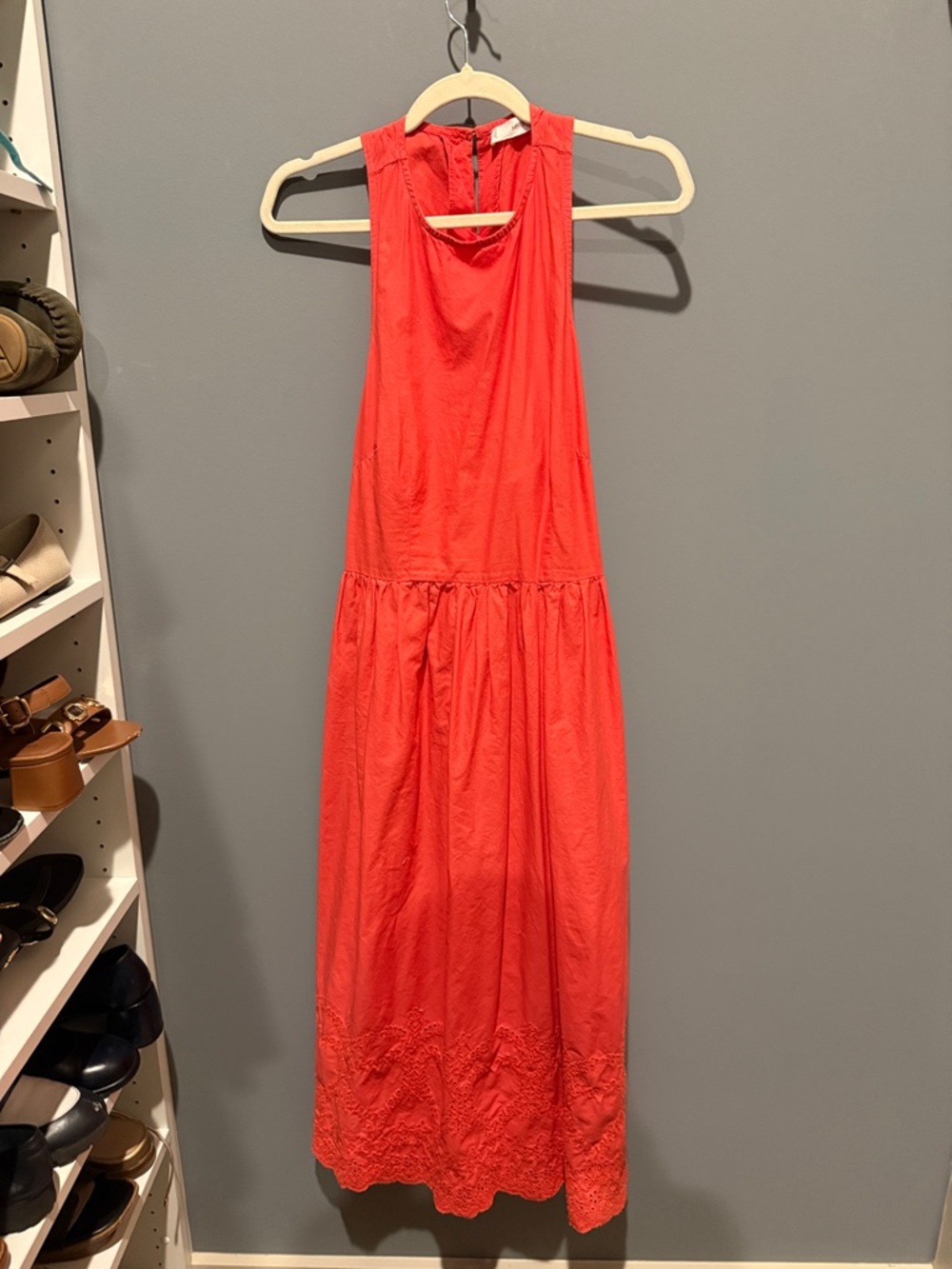 Mango Coral Sleeveless Maxi Dress with Scalloped Hem Embroidery